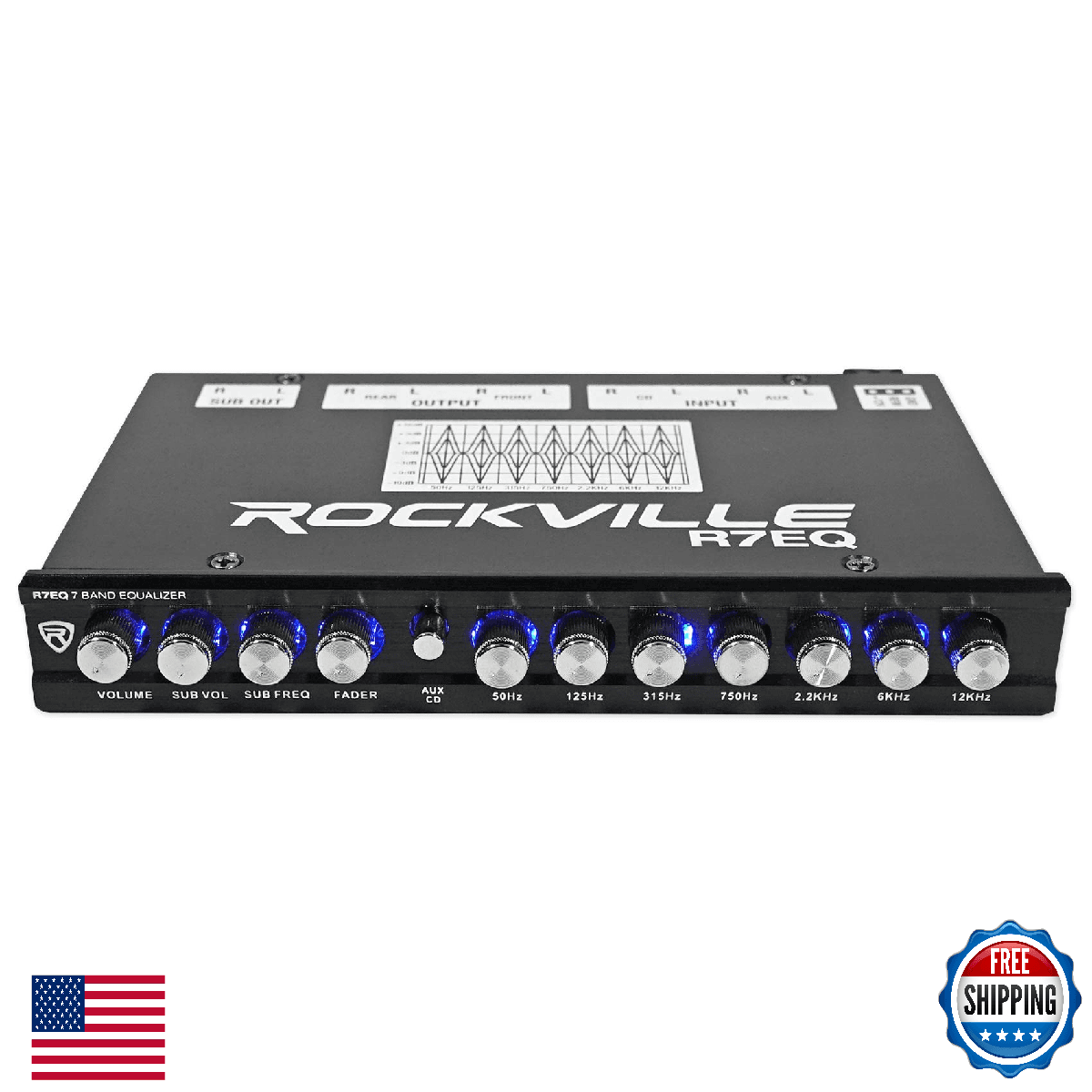 Rockville R7EQ 1/2 Din 7 Band Car Audio Equalizer, Front/Rear/Sub, Blue - Image 1