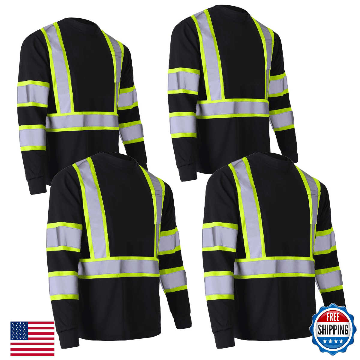 CAMNWAMN Hi-Vis Long Sleeve Reflective Safety Shirt 4-Pack, ANSI Compliant - Image 1