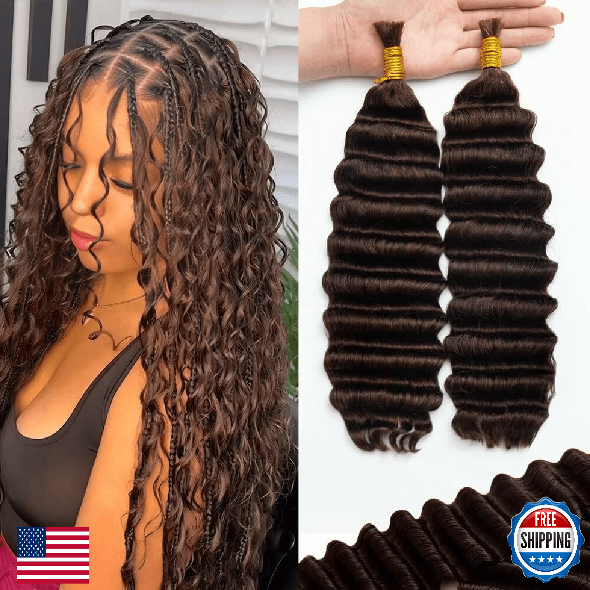 KRN Human Braiding Hair for Boho Braids, 100g/Pack (2 Bundles) Deep Wave Bulk Hu - Image 1