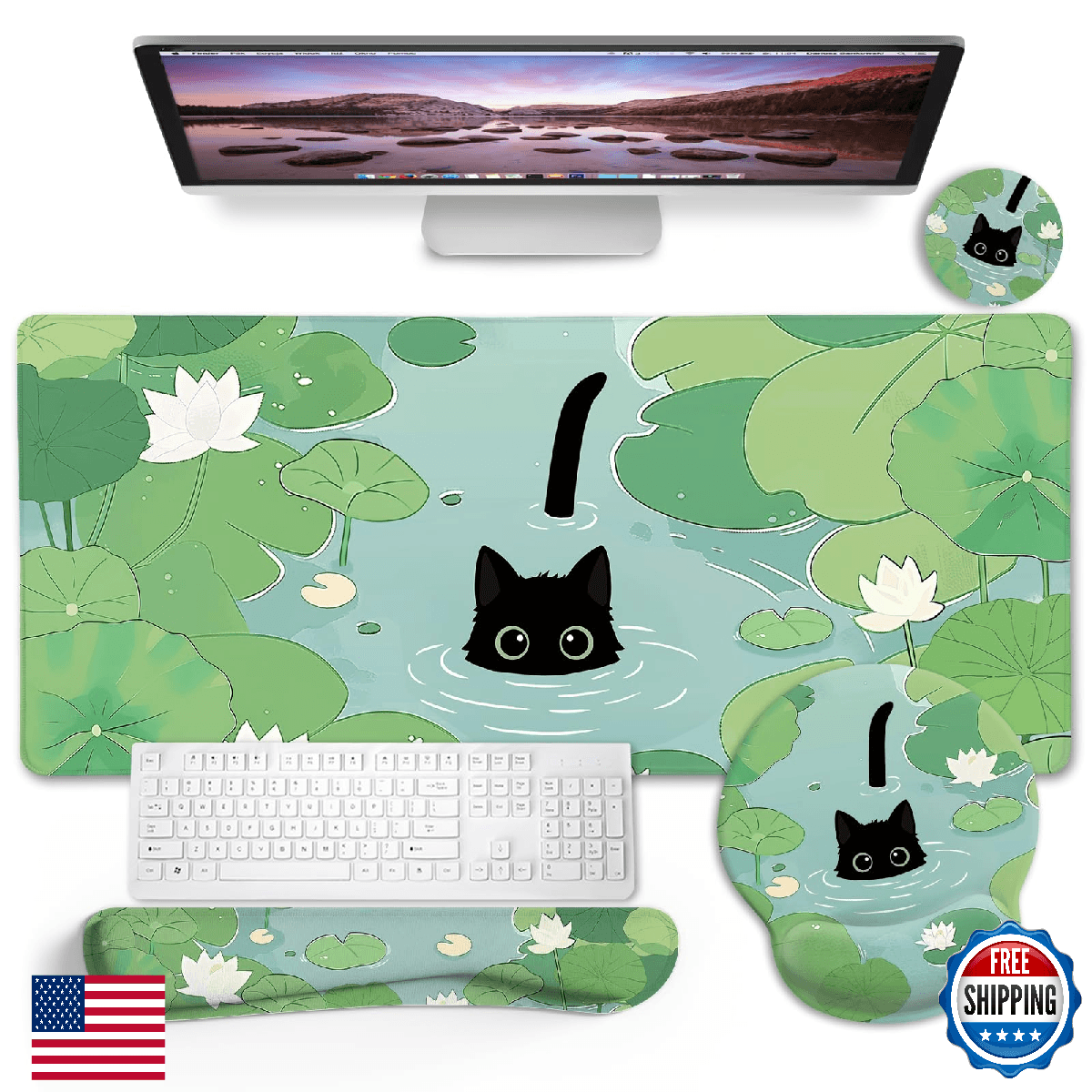 Blusabaca Mouse Pad Desk Pad Large Gaming Mouse Pad Cat Lotus Leaf with Wrist Re - Image 1