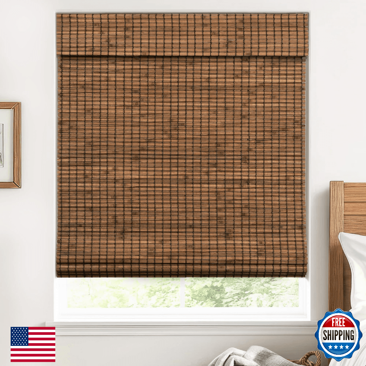 UNISHADES Cordless Bamboo Roman Shades for Windows, 100% Blackout Backing Fabric - Image 1