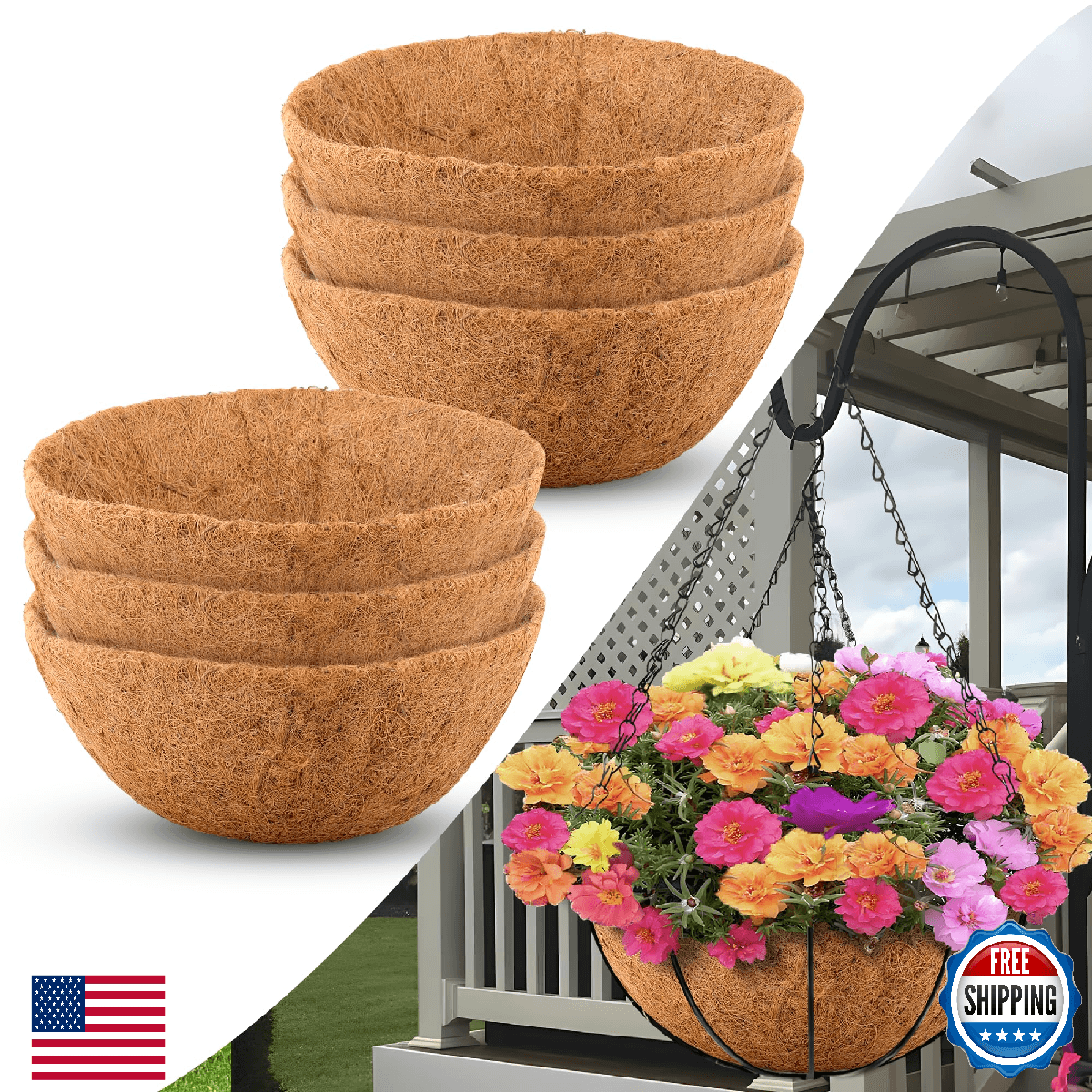 Sinimaka 12" Coco Liners for Planters, Round Hanging Basket Inserts, 6-Pack - Image 1