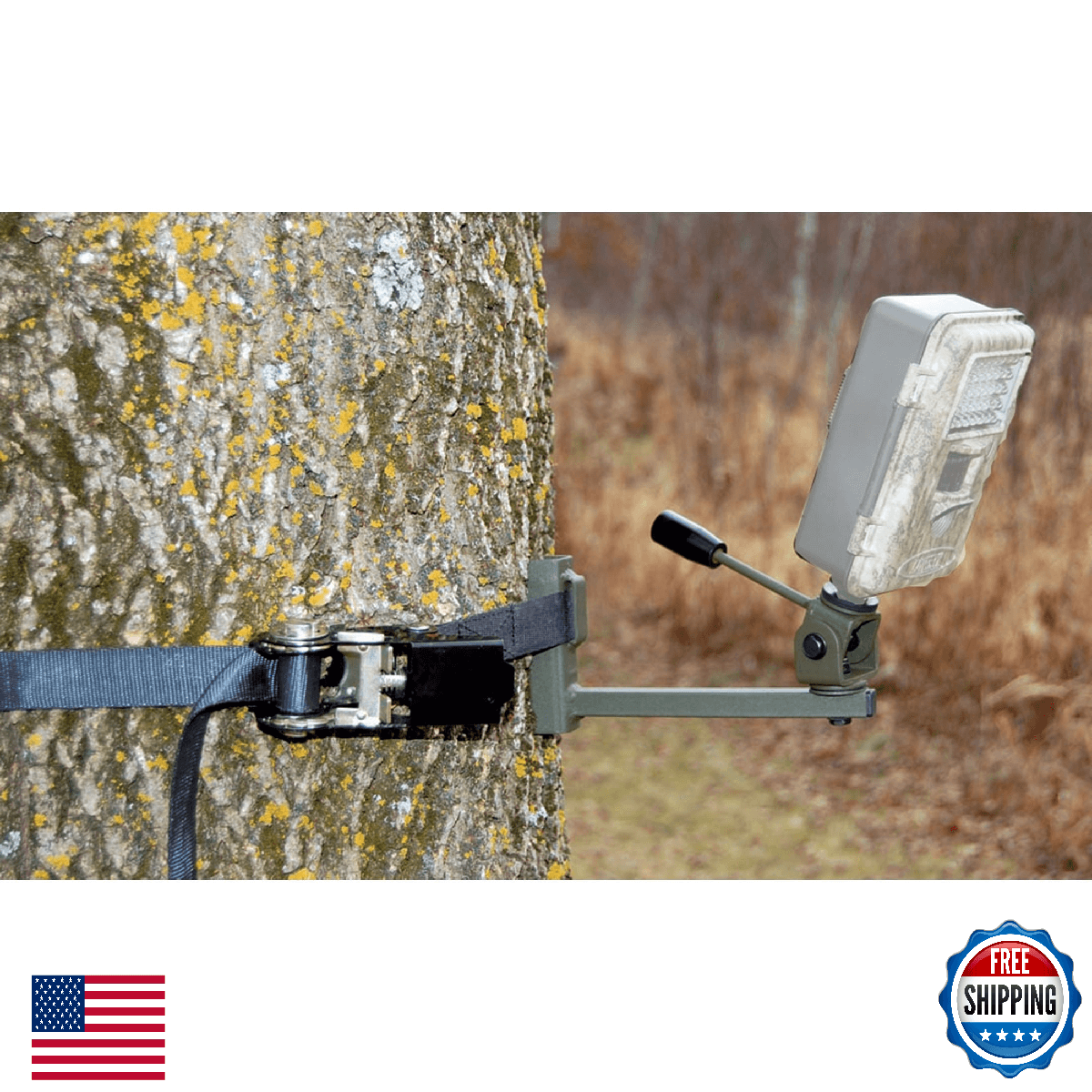 HME Trail Camera Holder Strap-On, 360° Rotation, Ratchet Secure, No Tree Screws - Image 1