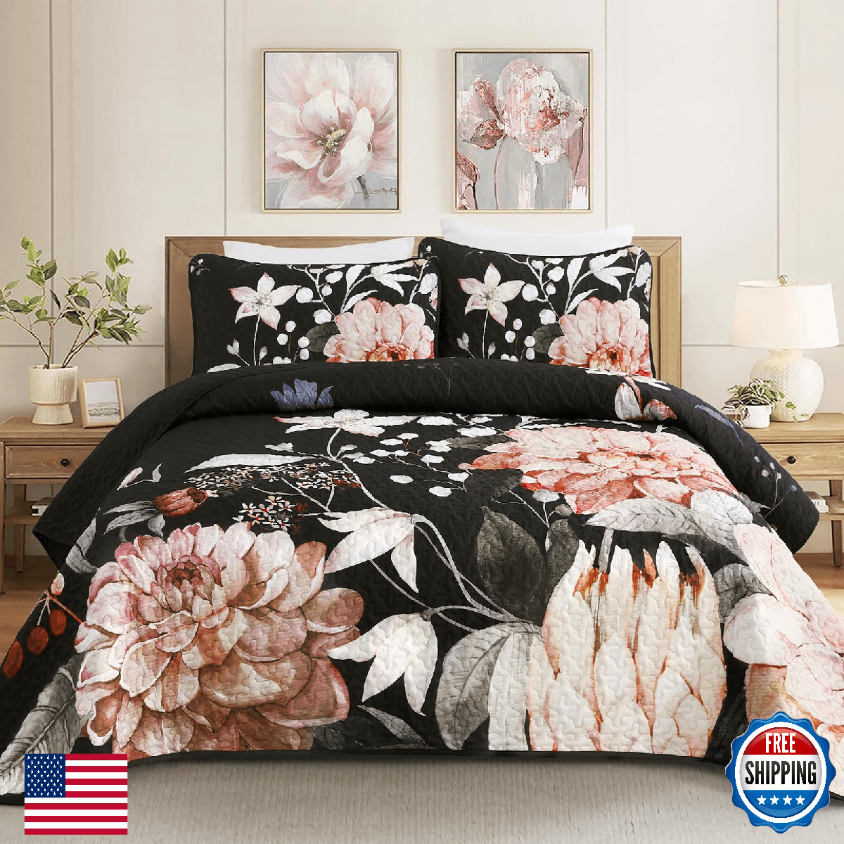 Drucon Floral Quilt King Size - 3 Pieces Black Quilt Botanical Bedspread Soft Li - Image 1