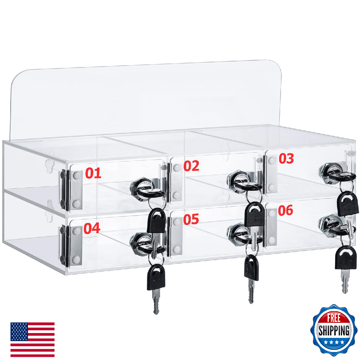 Threan 6-Slot Clear Acrylic Cell Phone Storage Box Wall Mount w/ Door Locks Key - Image 1