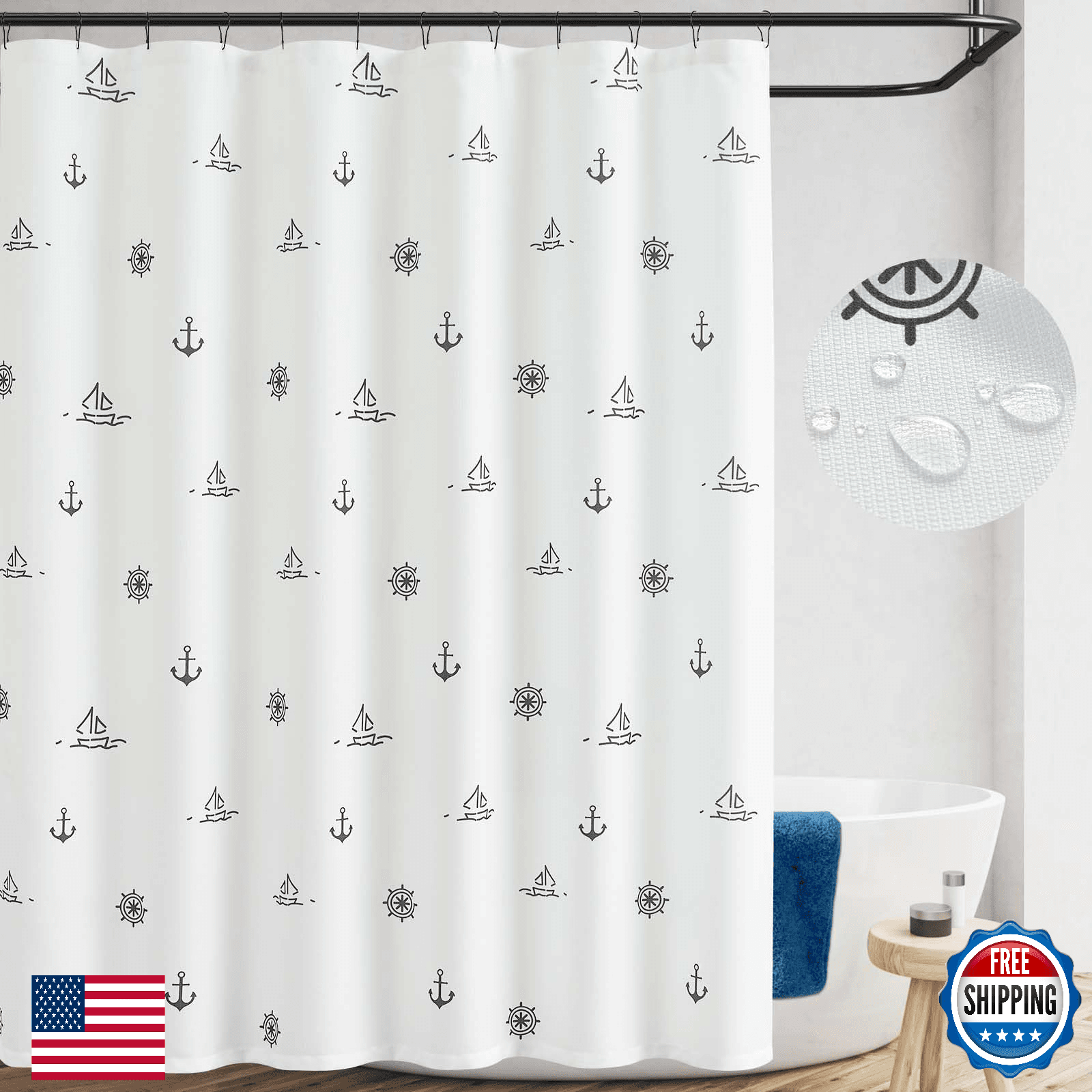 jinchan Black and White Nautical Shower Curtain Kids Cartoon Printed Waterproof - Image 1