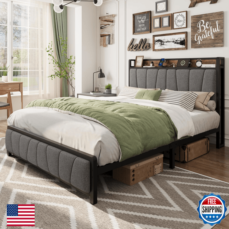 Gaomon Full Size Bed Frame Storage Headboard And 2 Drawers Linen Upholstered - Image 1