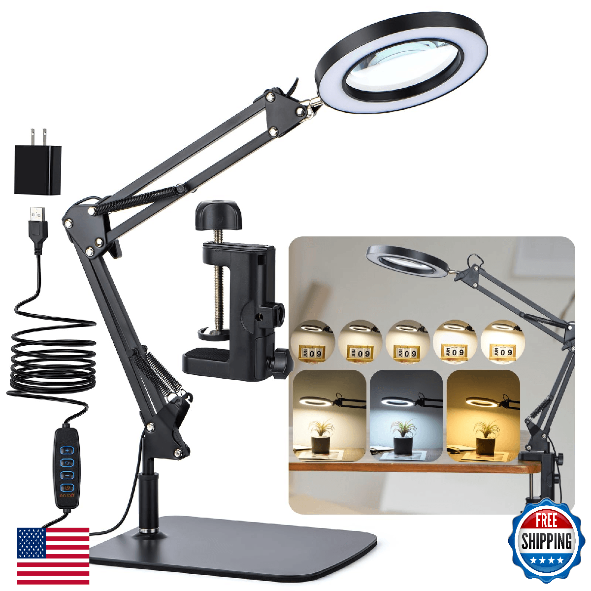 LED Magnifier Desk Lamp, 3 Color Modes, Stepless Dimming, 5-Diopter Glass - Image 1