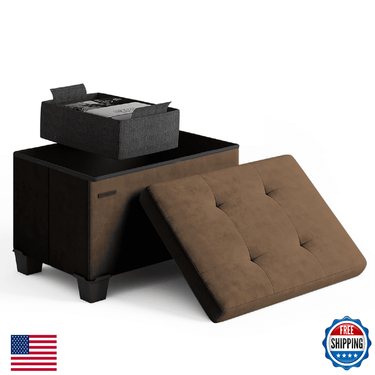 Storage Ottoman Cube with Small Bin, 16-in Square Ottoman with Storage for Livin - Image 1