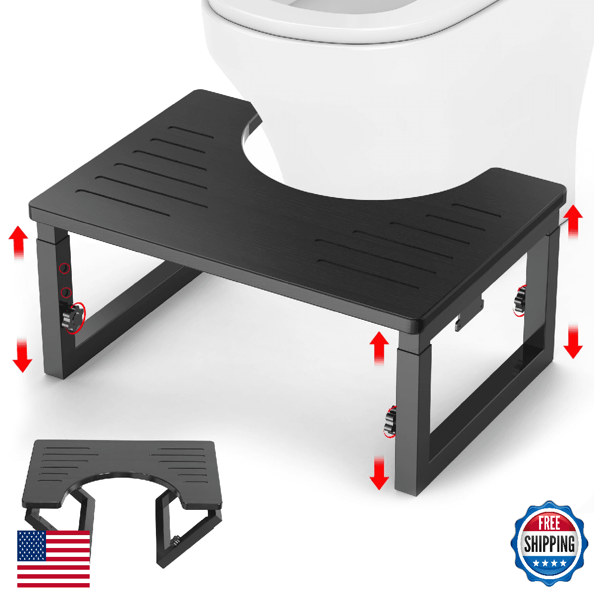 Bamboo Toilet Stool Squat Black 7 8 9" Adjustable Height Non-Slip Bathroom - Image 1