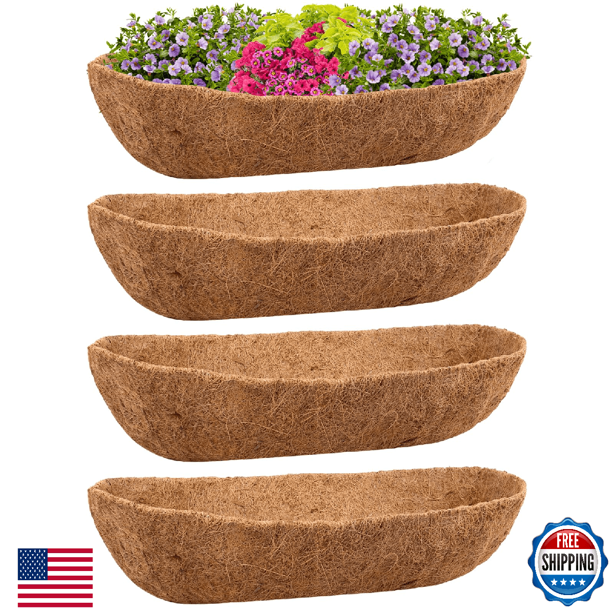 Riare 4-Pack 30" Trough Coco Coir Liners for Planters - Pre-Formed Coconut - Image 1