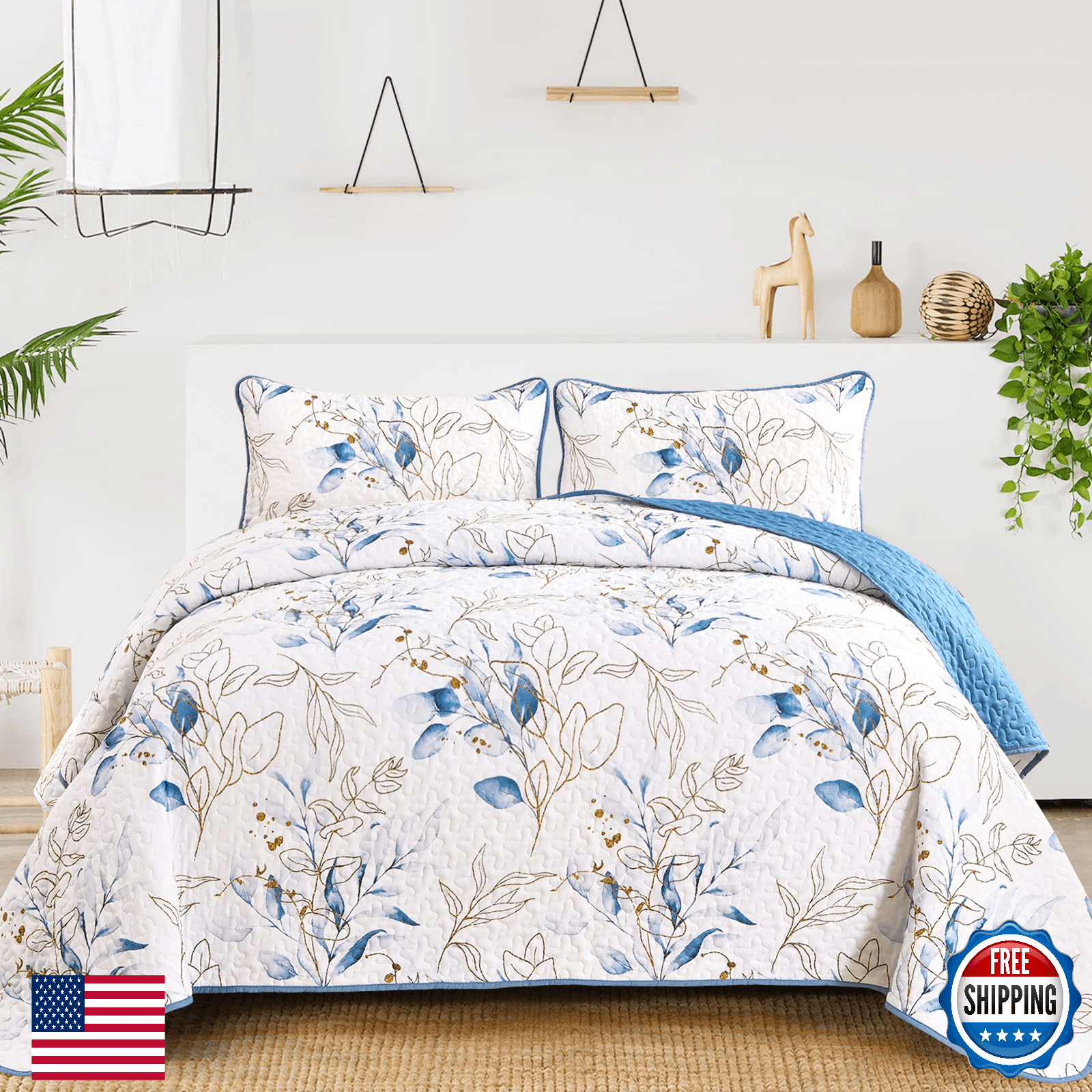 Anibedding Blue Quilt Set California King 3 Pieces Reversible Botanical Bedsprea - Image 1