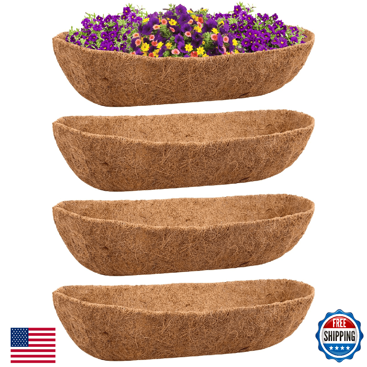 Riare 4-Pack 36" Trough Coir Liners for Planters, Pre-Formed Coconut Fiber - Image 1