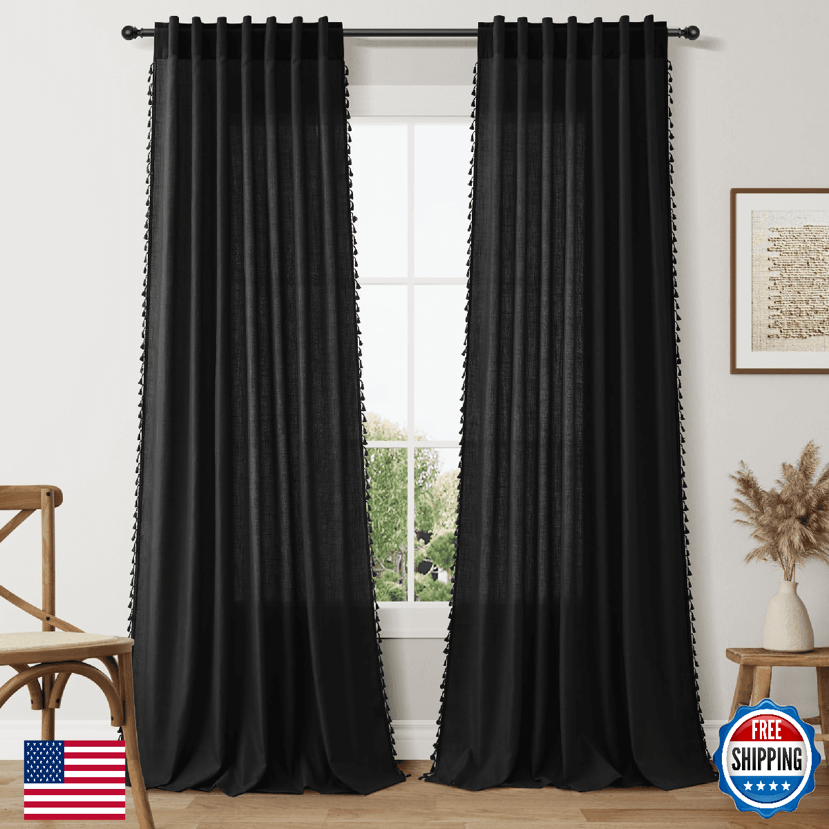 Extra Long Boho Curtains 108 Inches Long, Black Rod Pocket & Back Tab Filtered a - Image 1