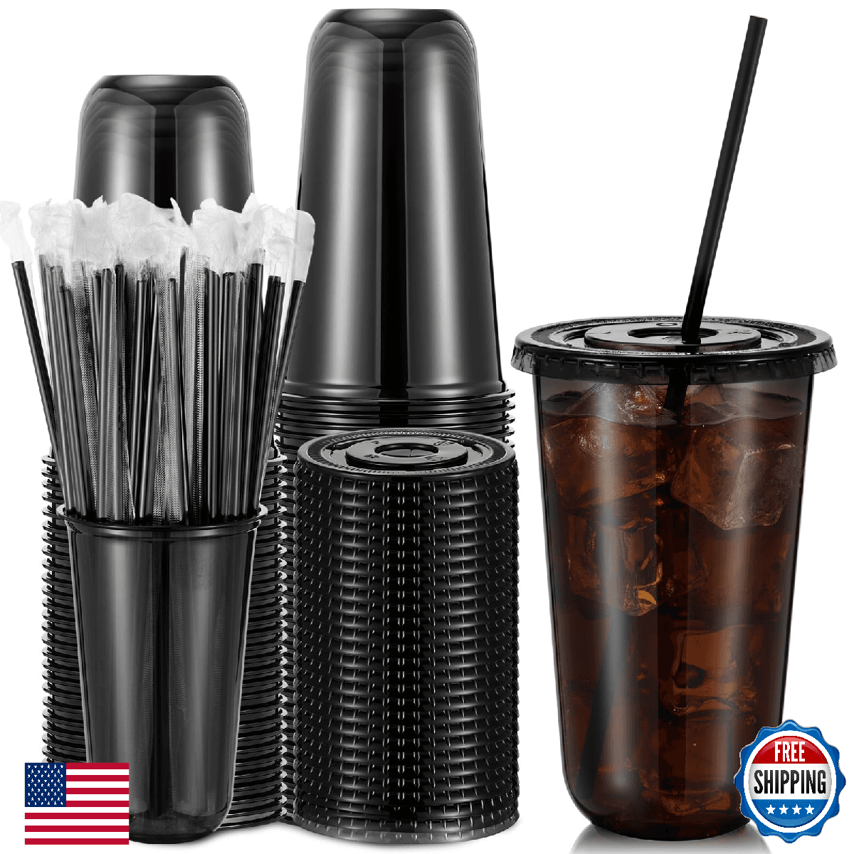 Ziliny 50 Set 18 oz Clear Plastic Cups with Lids and Straws, PET Disposable Iced - Image 1