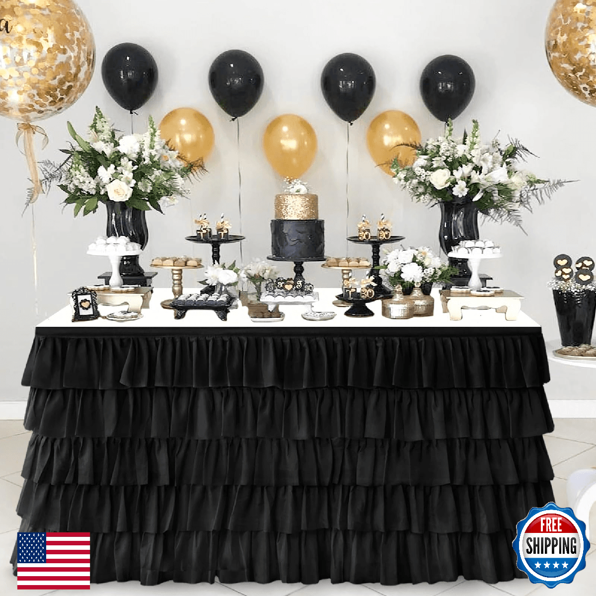 Pufogu Black Tulle Table Skirt 6ft Tutu Ruffled Chiffon Tablecloth For Rectangle - Image 1