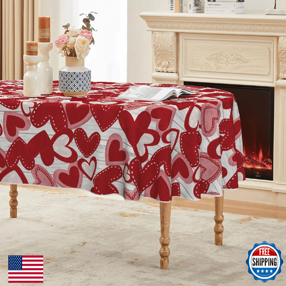 Horaldaily Valentine Tablecloth 60x84 Inch Oval Red Love Hearts White Wood Washa - Image 1