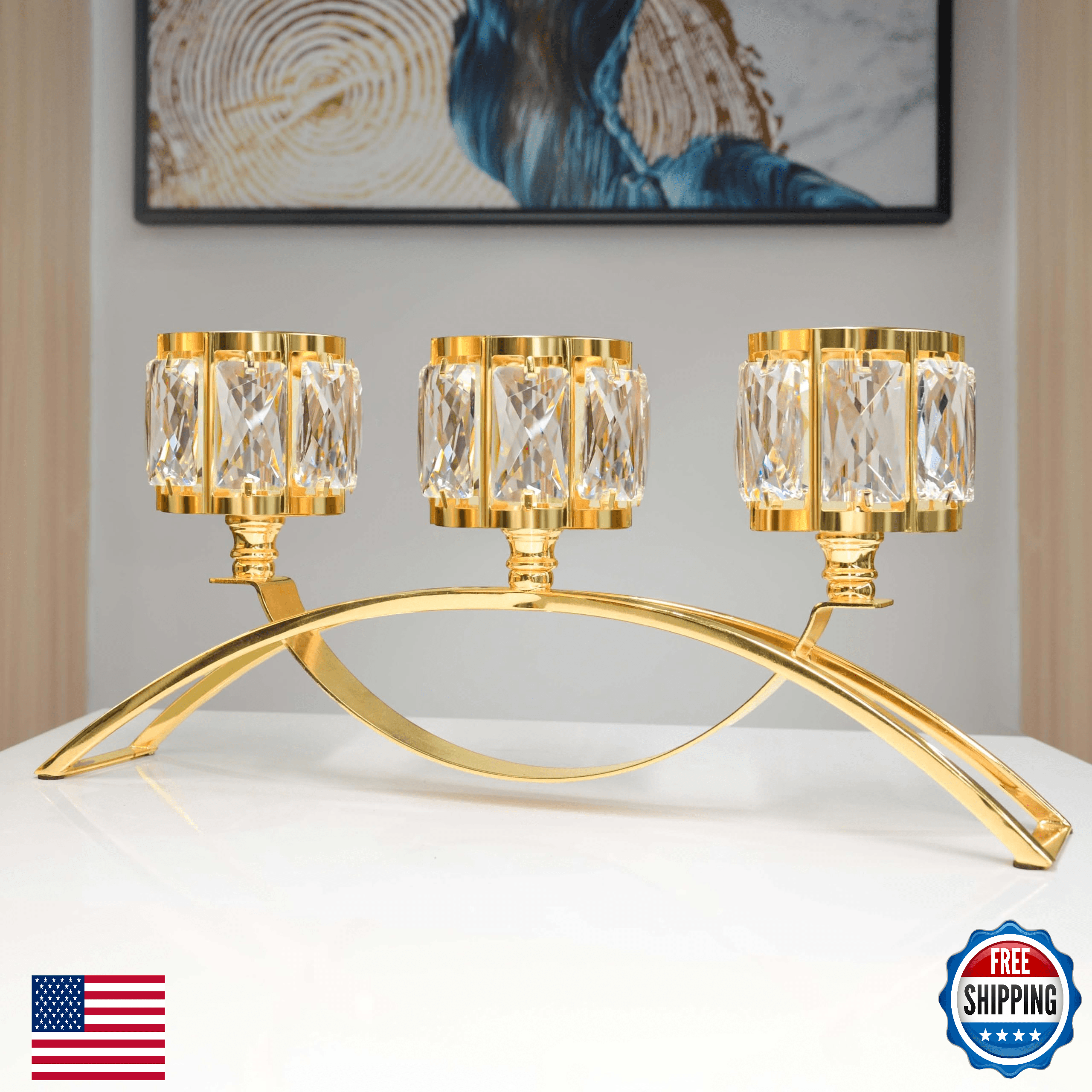3 Arms Crystal Bowl Tealight Candelabra Votive Candle Stand Wedding Centerpiece - Image 1