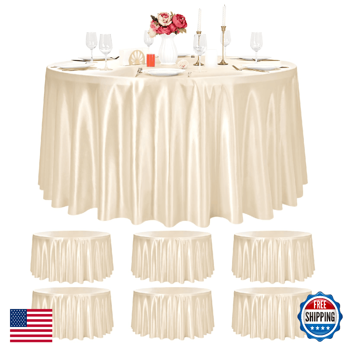 Pesonlook 6 Pack Champagne Round Tablecloth, 108 Inch Satin Fabric Tablecloth fo - Image 1