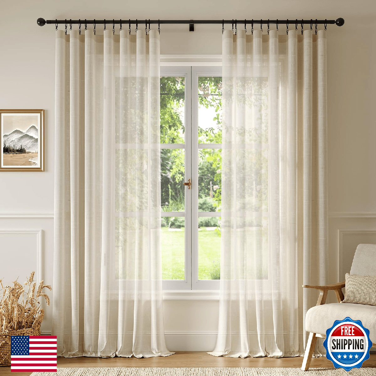 Anmao Natural Linen Curtains for Living Room 108 Inch Length 2 Panels Set, Light - Image 1