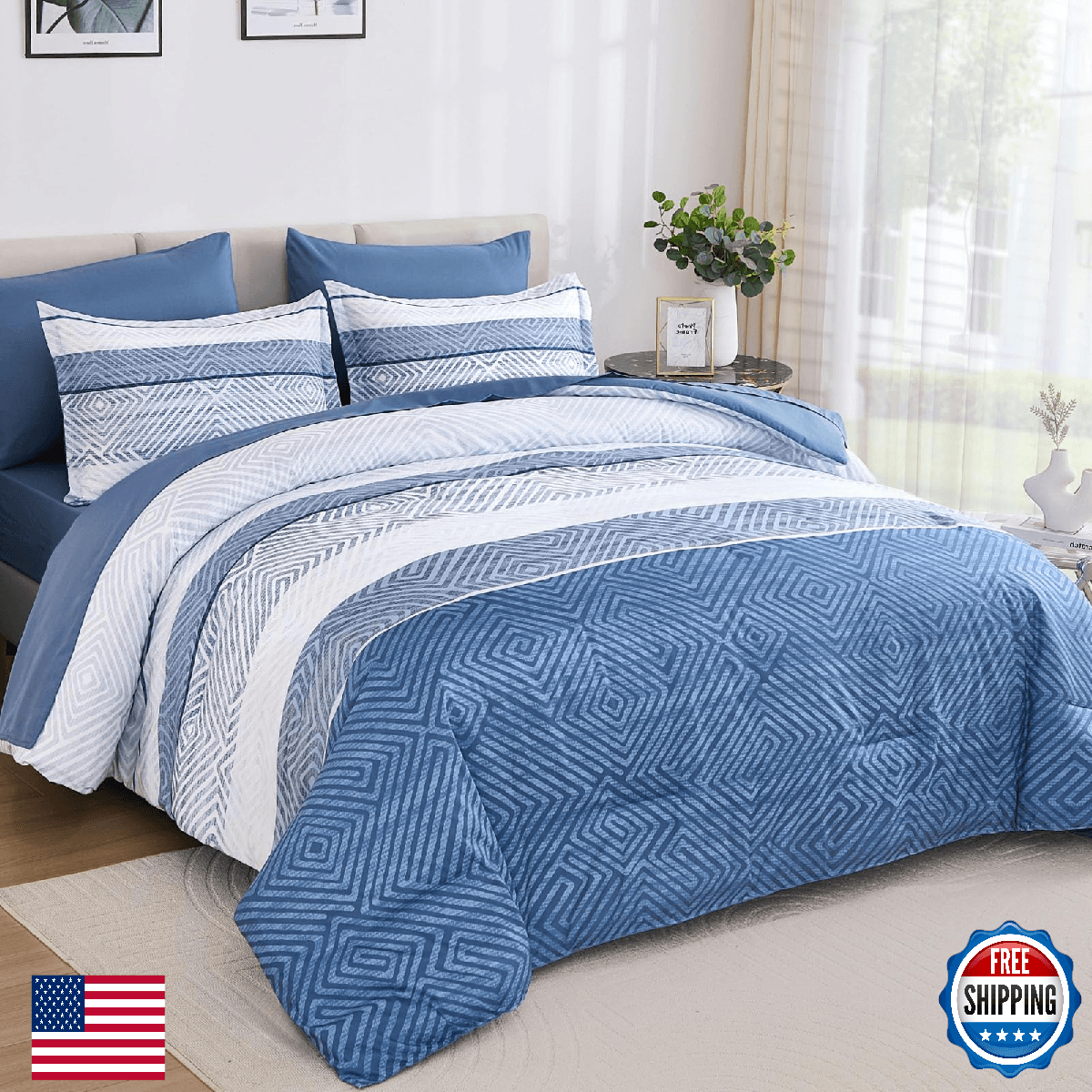 Drucon 7 Piece Striped Comforter Set Queen Size Light Blue Bed in a Bag, Soft Mi - Image 1