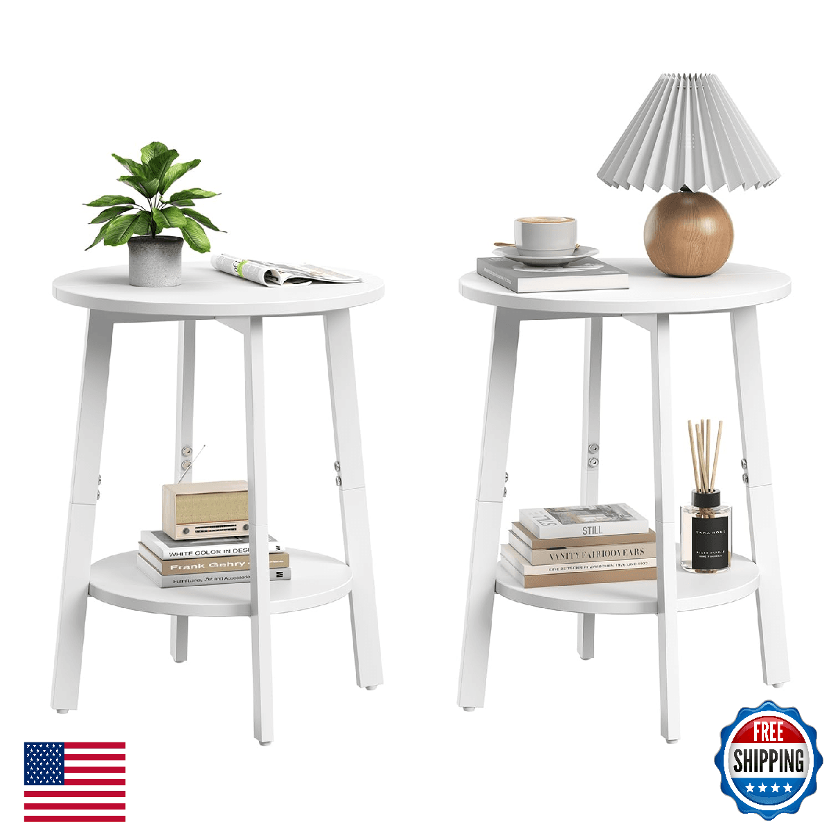 Sthmec Side Table Set of 2 Small Round End Tables 2-Tier Bedside Nightstands Whi - Image 1