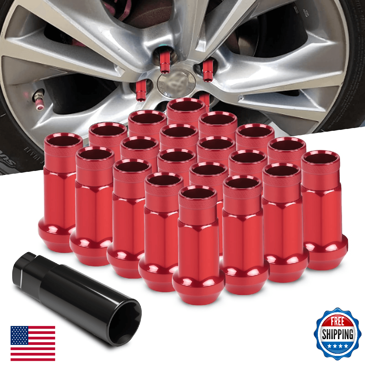 WENJTP 20pcs Red Cold Forged Steel 12mm*1.5 Lug Nuts Extended Tuner Wheel Nuts M - Image 1