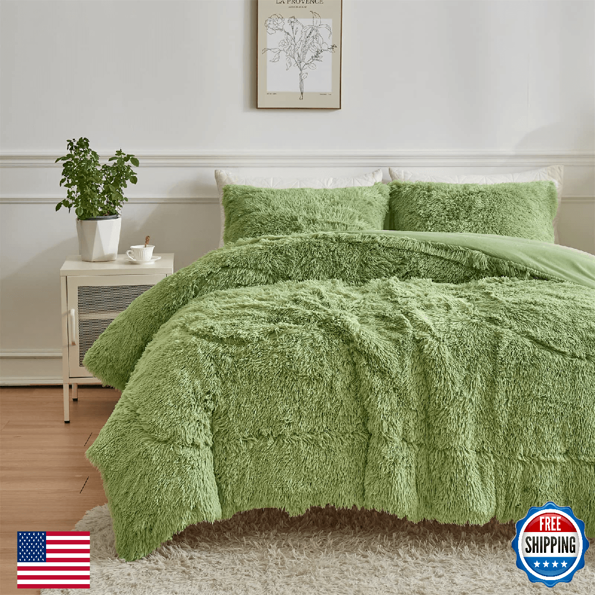 Wajade Faux Fur Plush Sage Green Comforter Set Fluffy Shaggy Bedding Set - Image 1