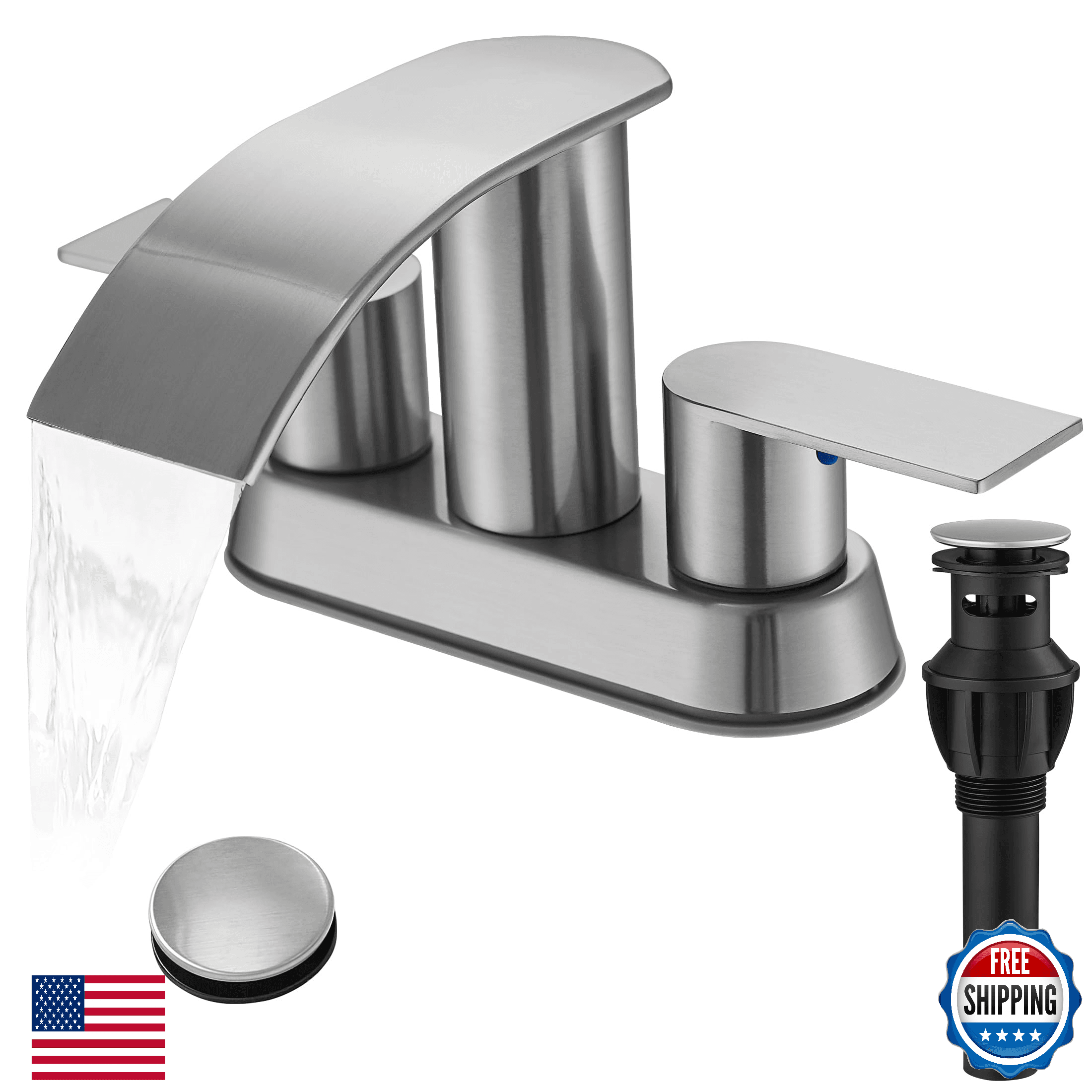 Waterfall Bathroom Sink Faucet 4 Inch Brushed Nickel with Pop Up Drain - Image 1