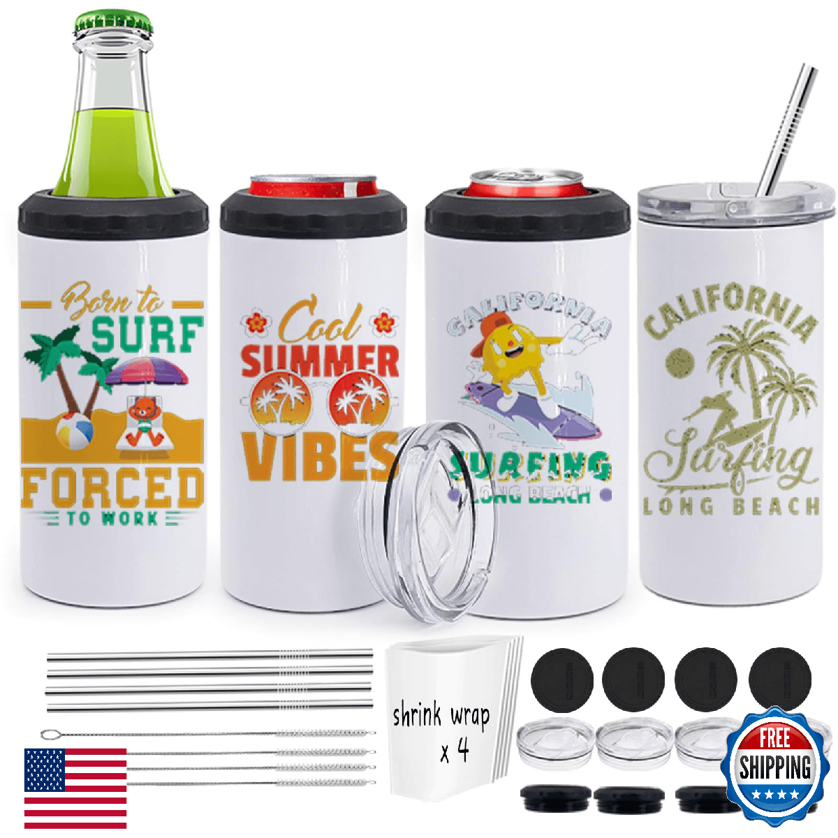 ZREGGUR 4-Pack 4-in-1 Can Cooler 16oz Sublimation Blank Tumbler w/Metal Straws - Image 1