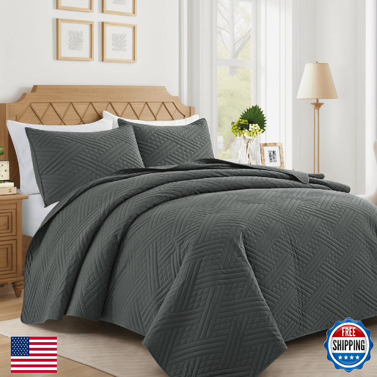 Lavsiry Dark Grey Oversized California King Striped Coverlet Bedding Set 3PC - Image 1