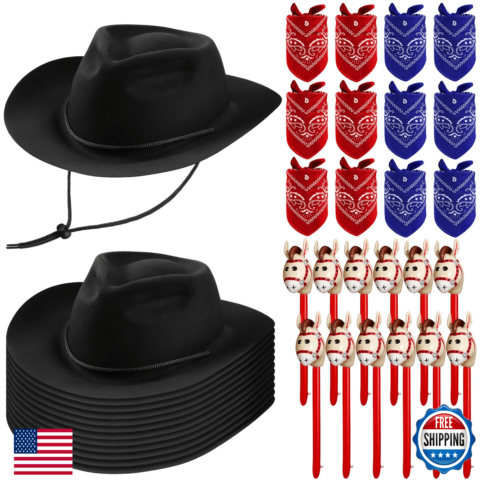 Xtinmee 36 Pcs Cowboy Costume Set: Hats, Bandanas & Inflatables for Parties - Image 1