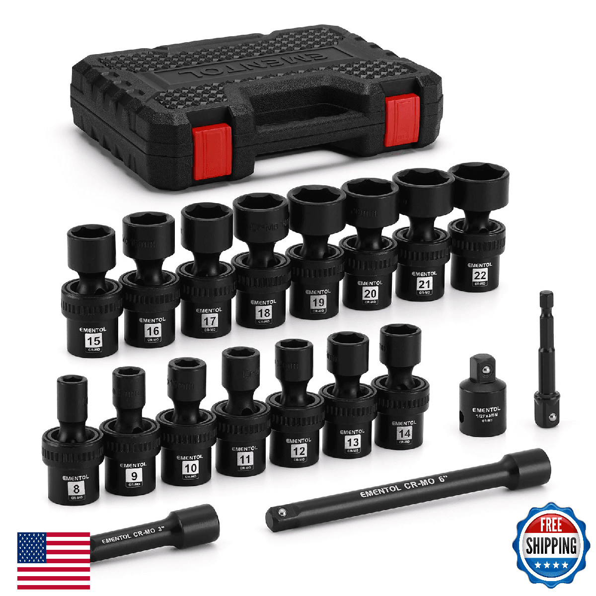 EMENTOL 19PC 3/8" Drive Universal Impact Swivel Socket Set, Chrome Molybdenum - Image 1