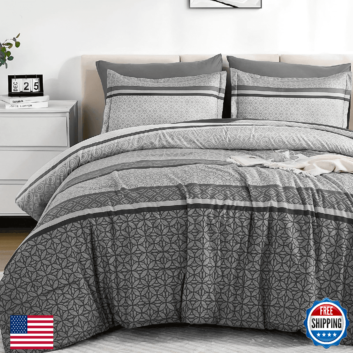 WONGS BEDDING Grey Queen Comforter Set 7 Pieces Striped Bed in a Bag Ultra Soft - Image 1