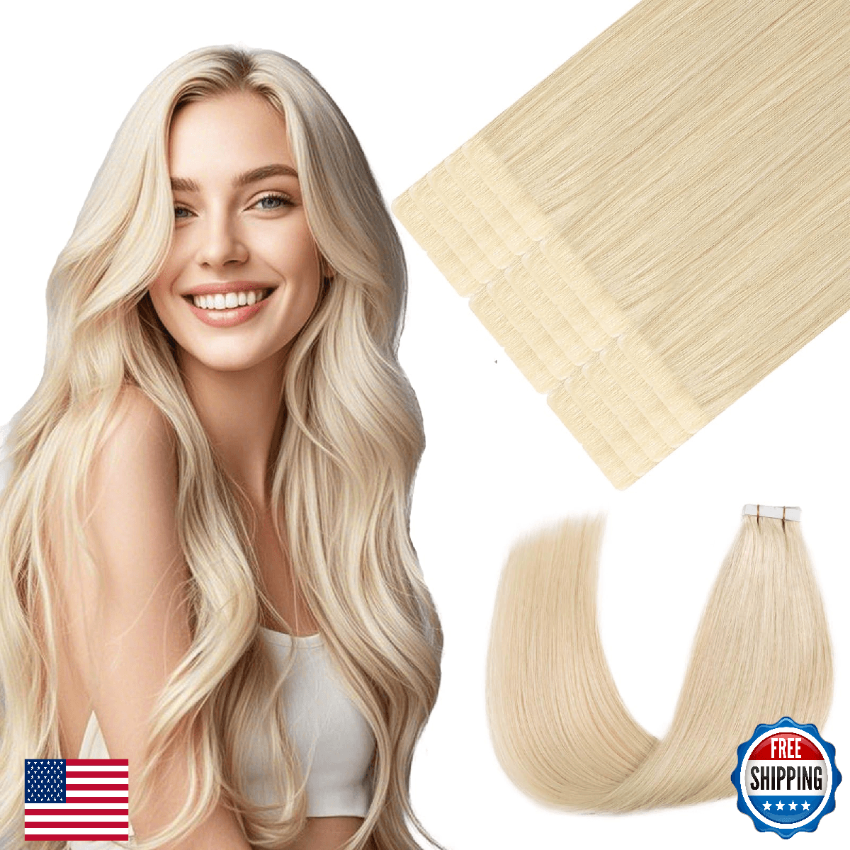 Youngsmile Injection Tape in Hair Extensions Human Hair #60 Platinum Blonde 20pc - Image 1
