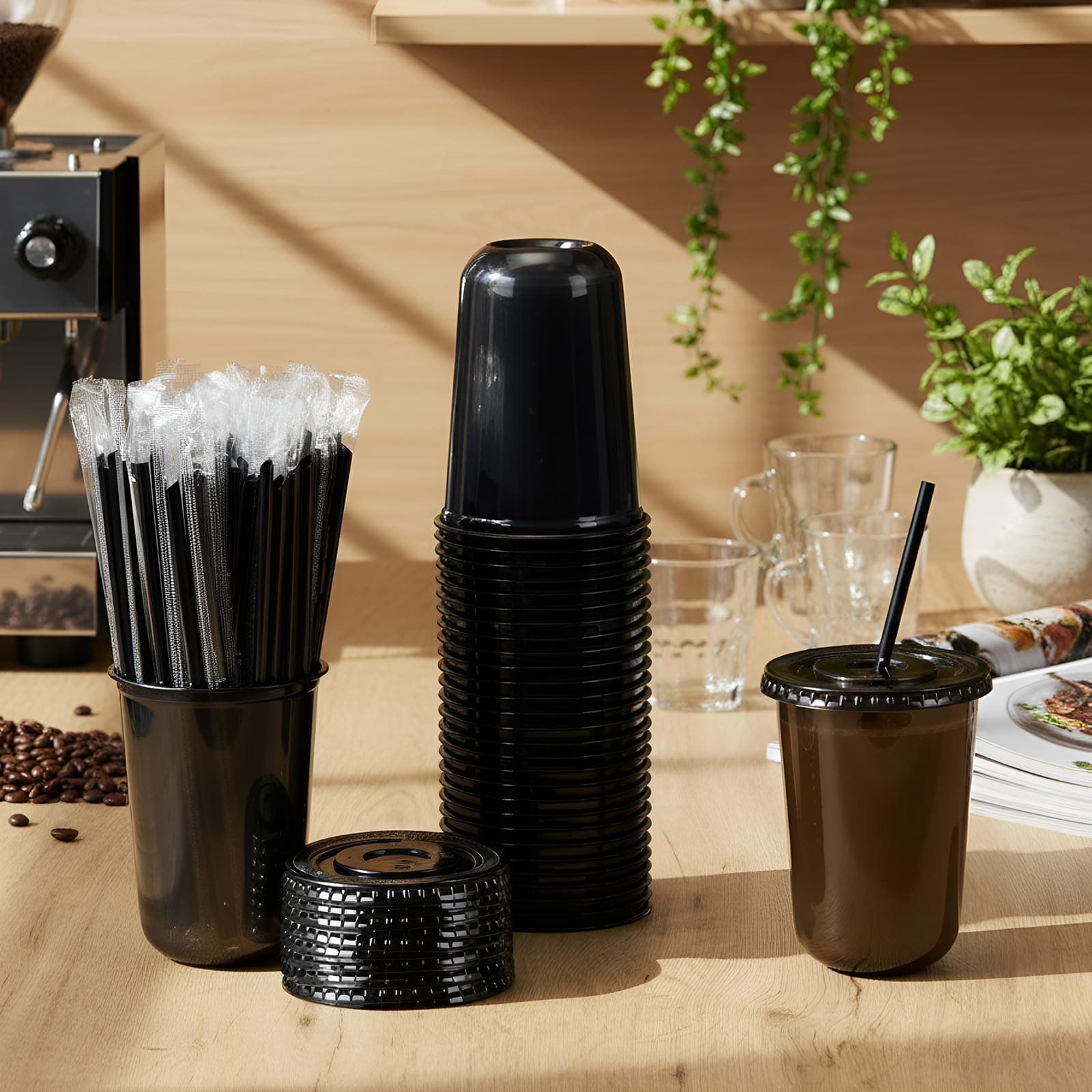 Ziliny 50 Set 16 oz Clear Plastic Cups with Lids and Straws PET Disposable Iced - Thumbnail 2