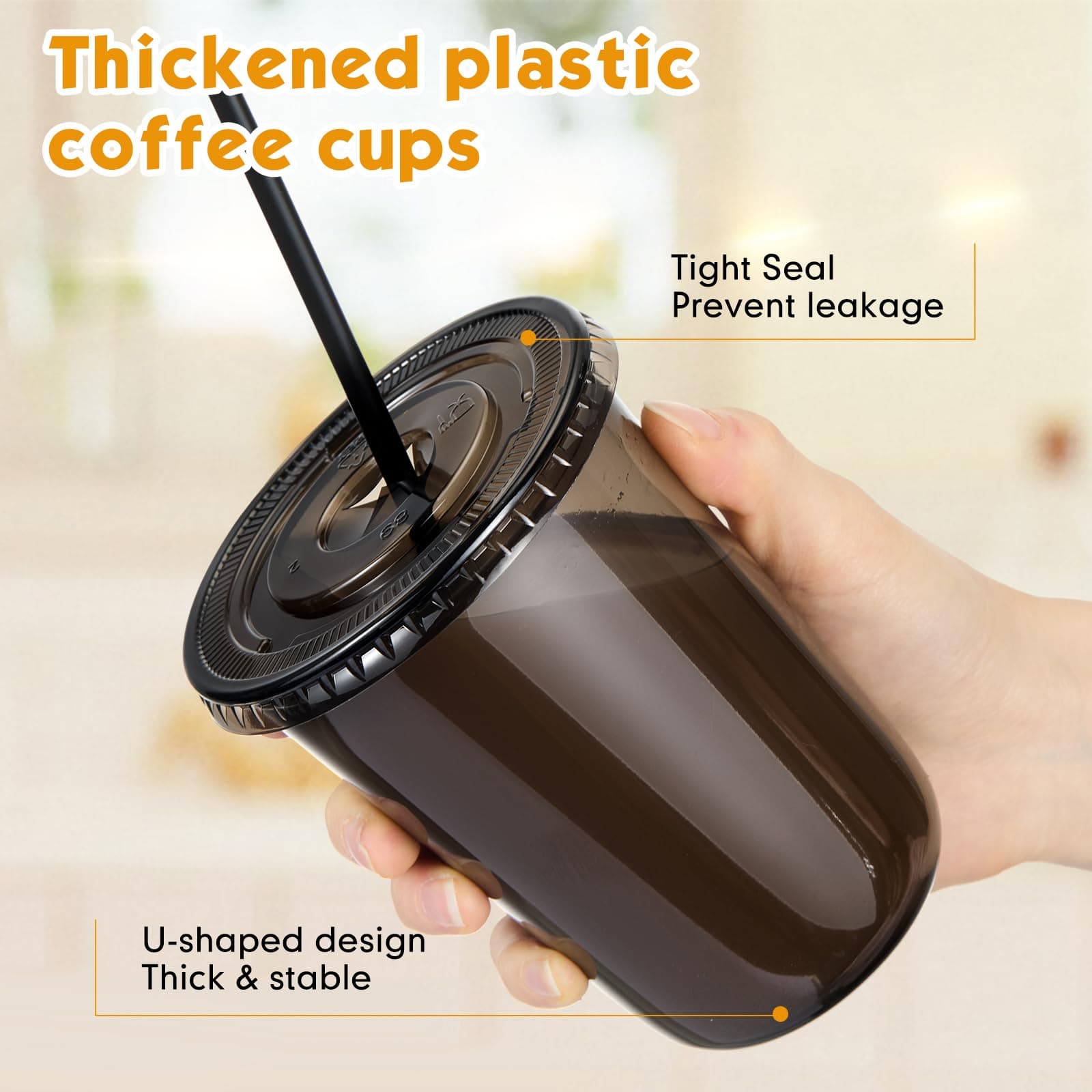 Ziliny 50 Set 16 oz Clear Plastic Cups with Lids and Straws PET Disposable Iced - Thumbnail 4