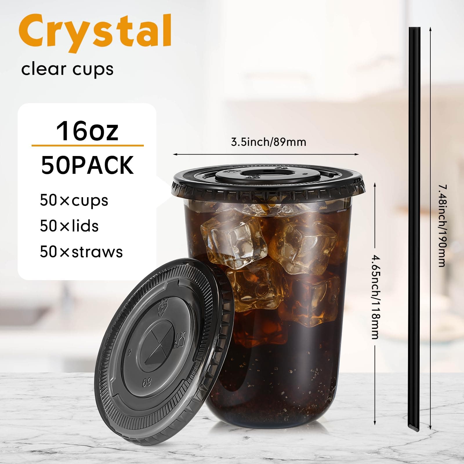 Ziliny 50 Set 16 oz Clear Plastic Cups with Lids and Straws PET Disposable Iced - Thumbnail 3