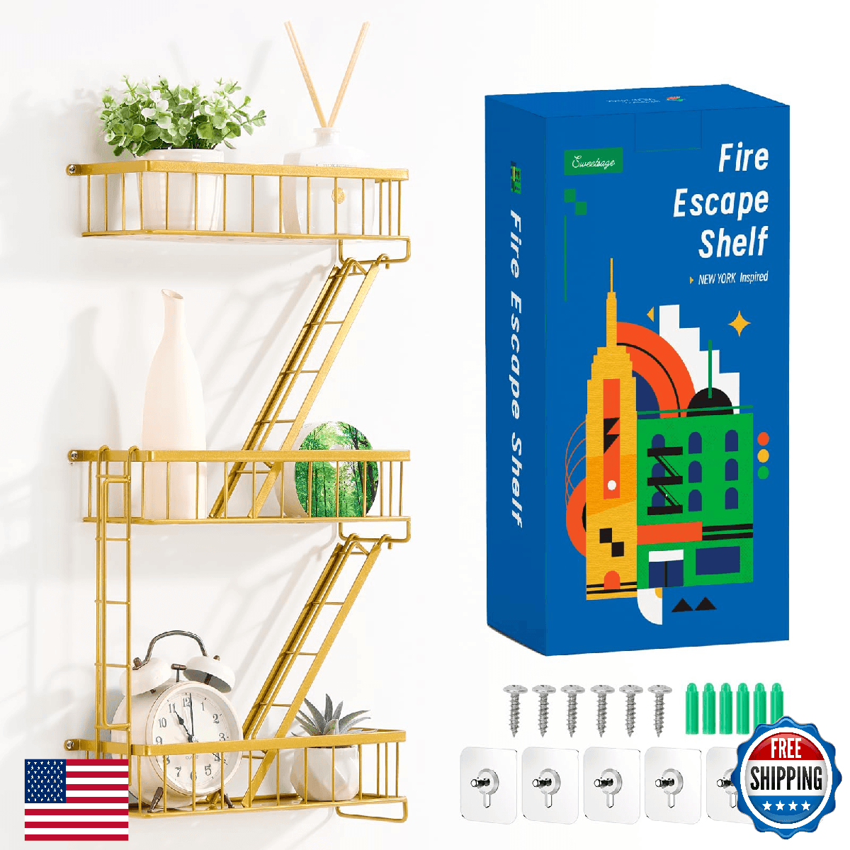 SweetSage Fire Escape Wall Shelf Gold - New York Decorative Ladder Shelf, Metal - Image 1