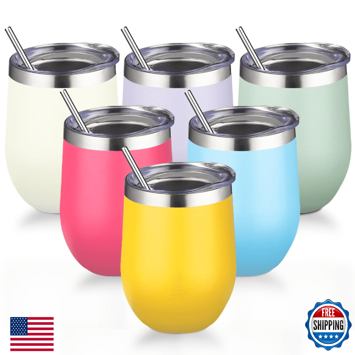 12oz/6 Pack Stainless Steel Wine Tumbler with Lid and Straw, Double Wall Vacuum - Image 1