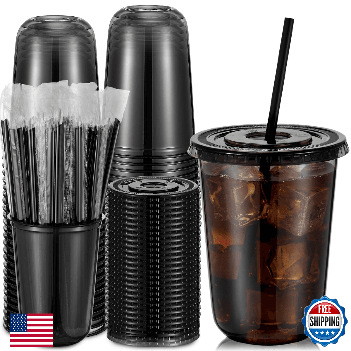 Ziliny 50 Set 16 oz Clear Plastic Cups with Lids and Straws PET Disposable Iced - Image 1