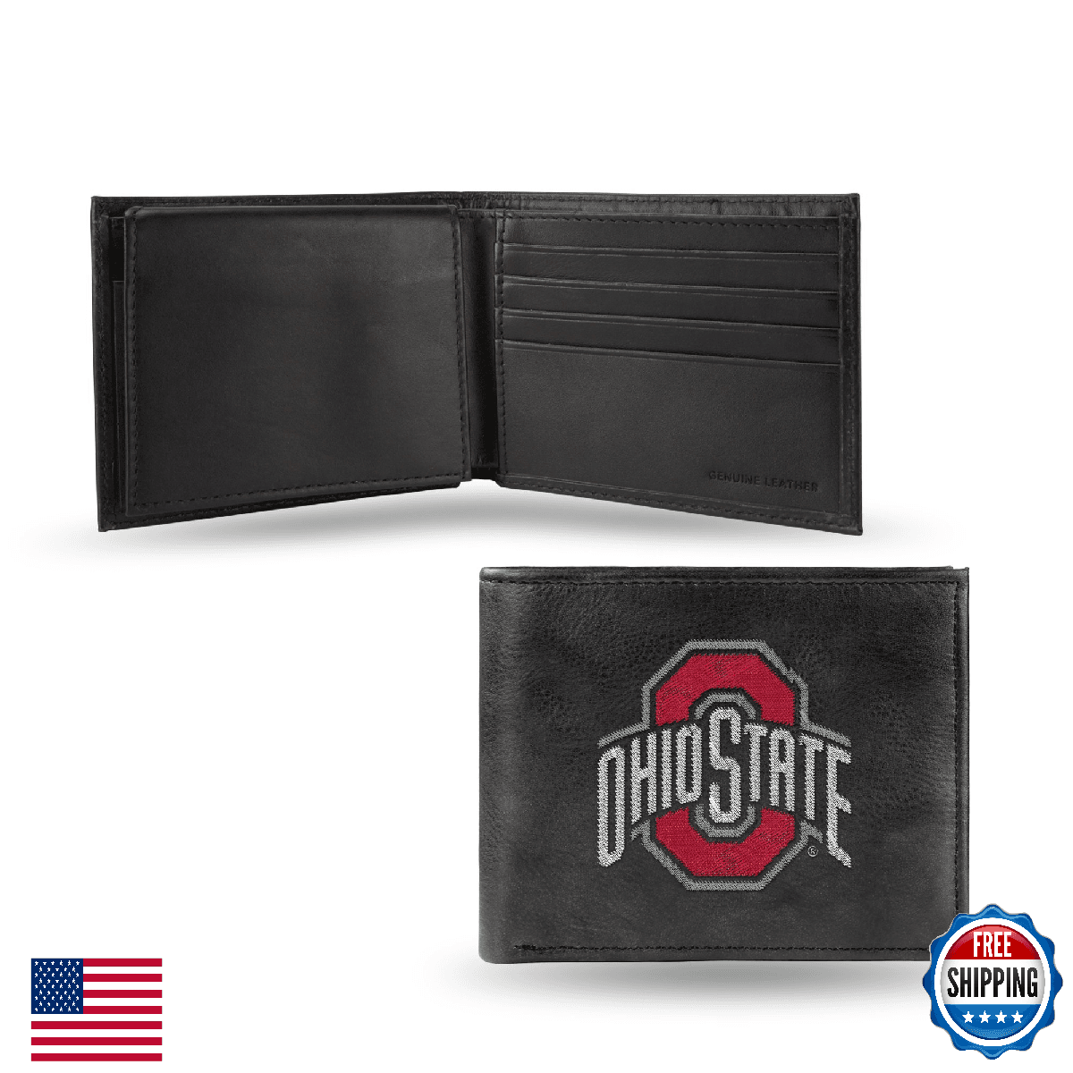 Rico NCAA Ohio State Buckeyes Embroidered Black Leather Billfold Wallet - Image 1