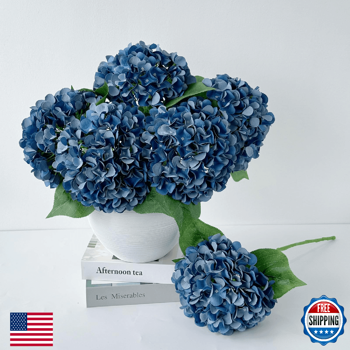 ZYTUYO 5 Pcs Dark Blue Silk Hydrangeas Artificial Flower Boho Dried Touch 20'' F - Image 1