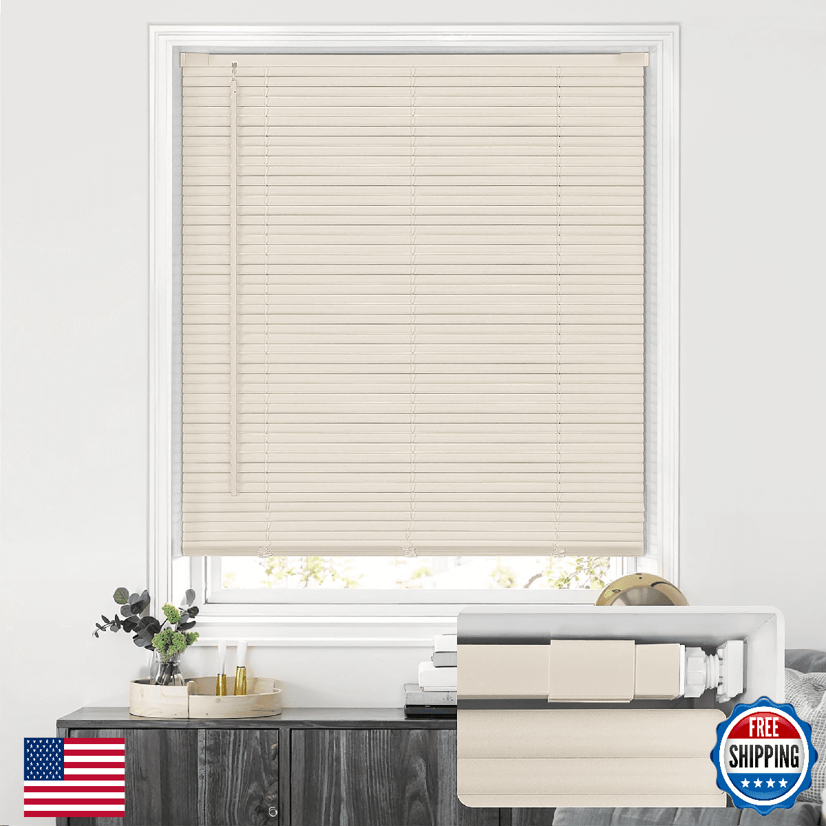LazBlinds Cordless 1" Vinyl Mini Blinds, No-Drill, 100% Privacy S-Curve - Image 1