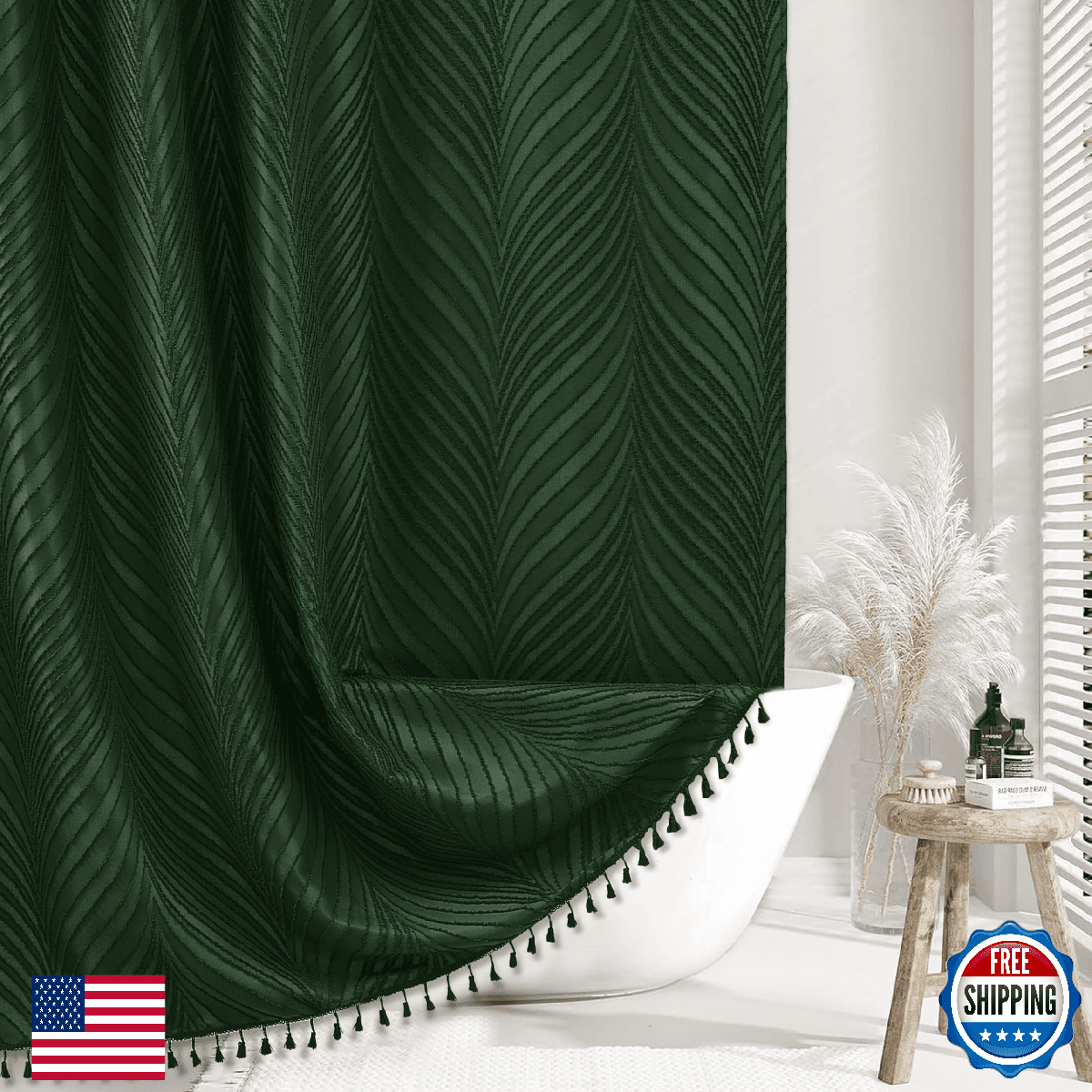 Siiluminisoy Extra Long Dark Green 84" Boho Woven Farmhouse Shower Curtain - Image 1