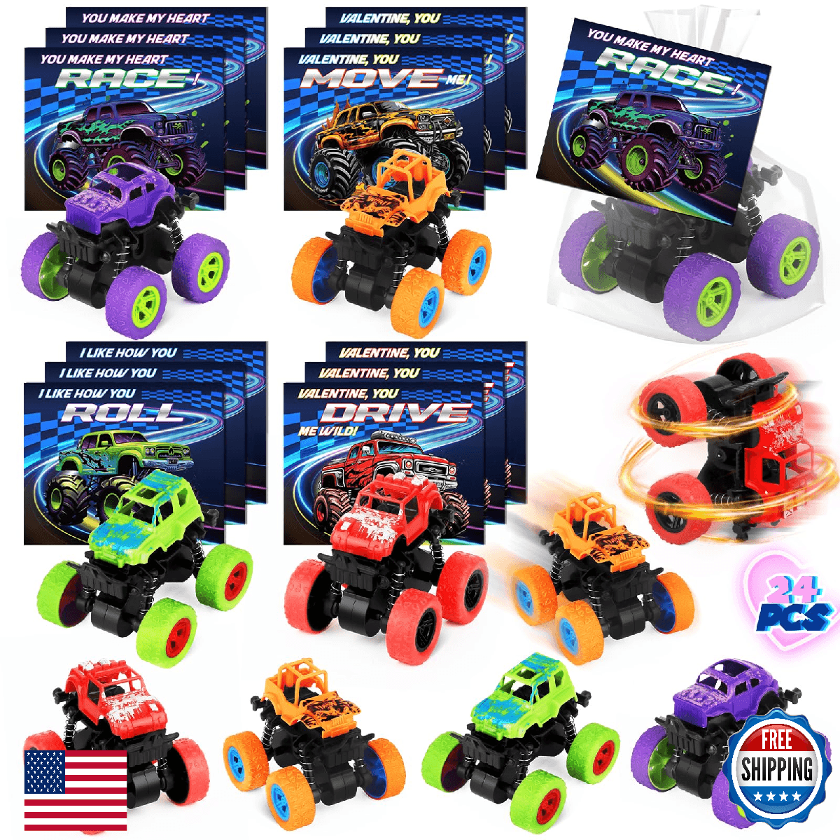 SpringFlower 24 Pack Valentines Day Cards For Kids With Monster Truck,Kids Class - Image 1