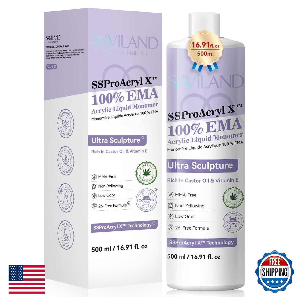 SAVILAND SSPro X Pure EMA Monomer Acrylic Nail Liquid 500ml 16.91oz Low Odor - Image 1