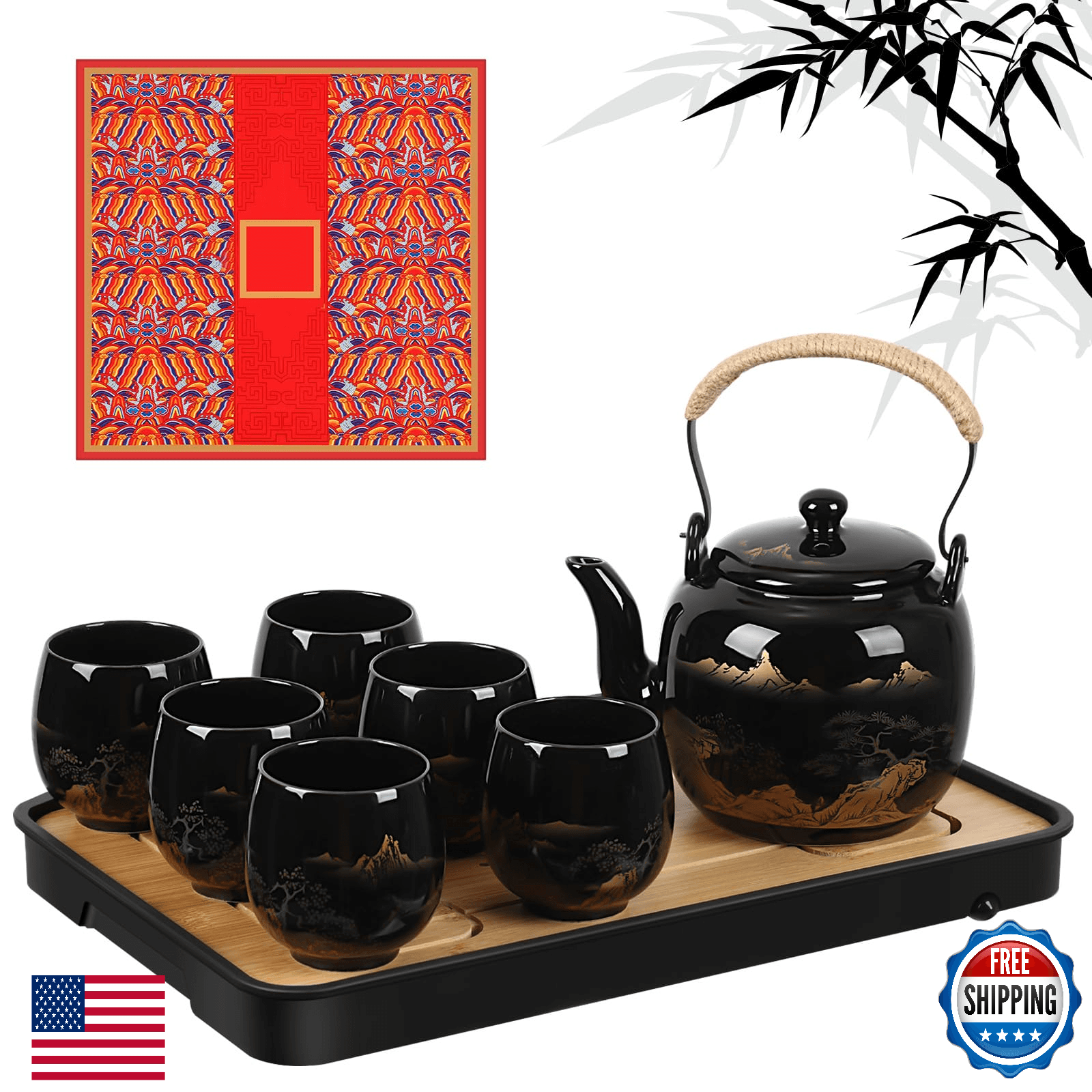 Hushee Japanese Porcelain Tea Set w/ Teapot, 6 Cups, Strainer, Wood Tray, Gift B - Image 1