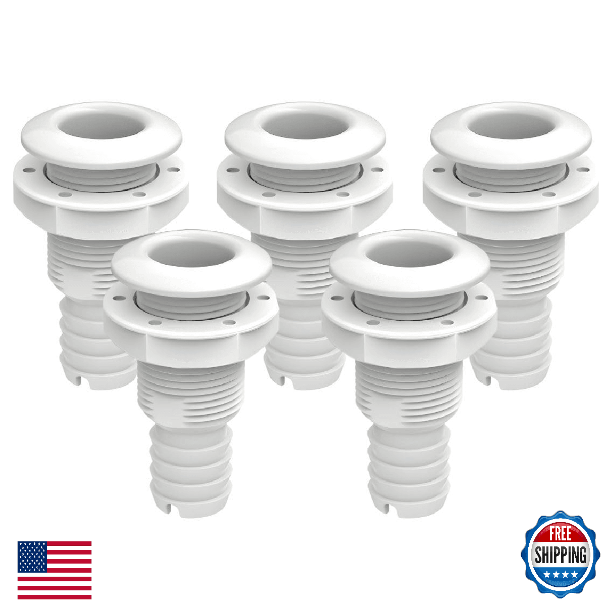 SEAFLO 3/4”, White (5-Pack) Thru Hulls Fitting Thru-Hull with Check Valve, Polyp - Image 1