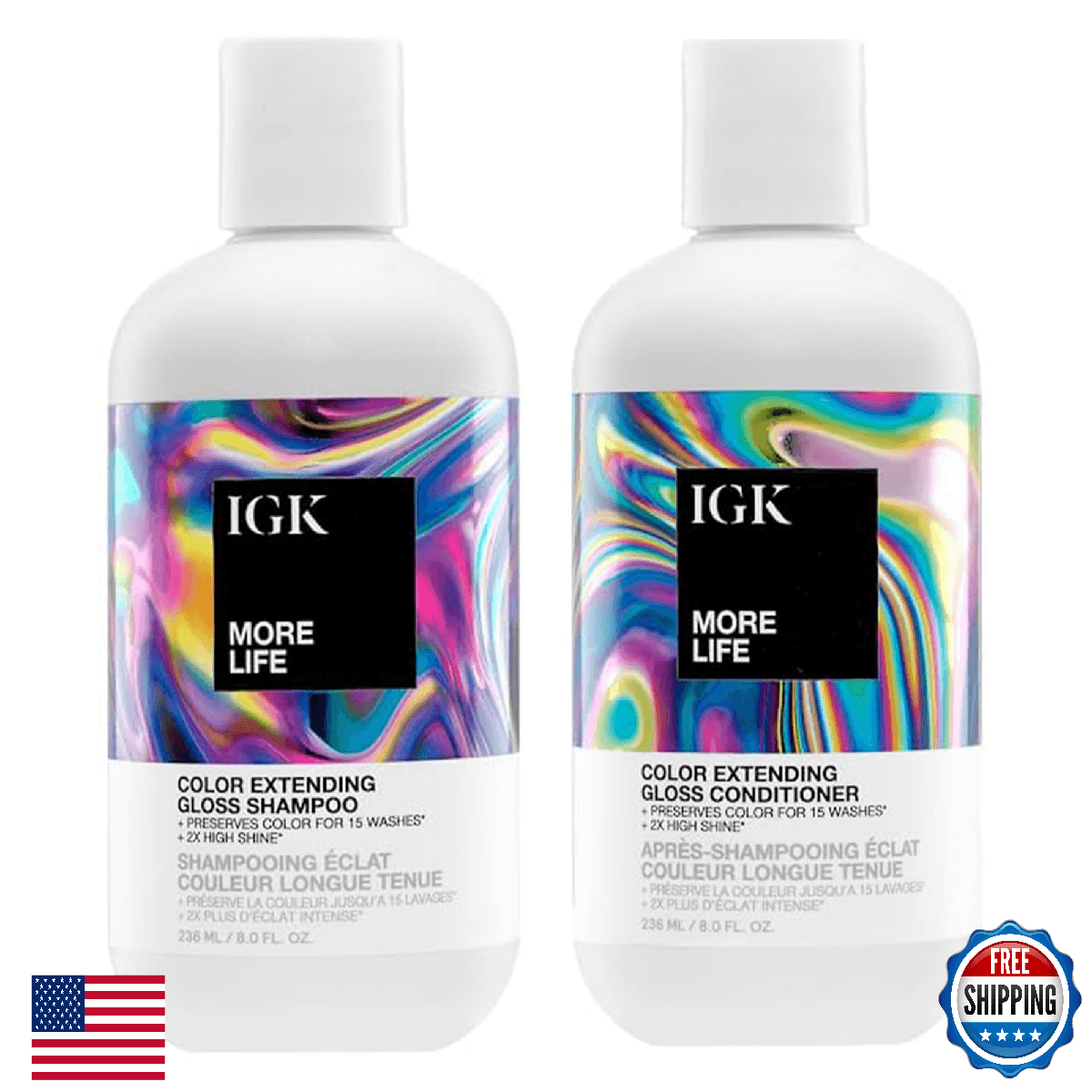 IGK MORE LIFE Color Extending Gloss Shampoo Conditioner Set 8oz Vegan Cruelty-Fr - Image 1